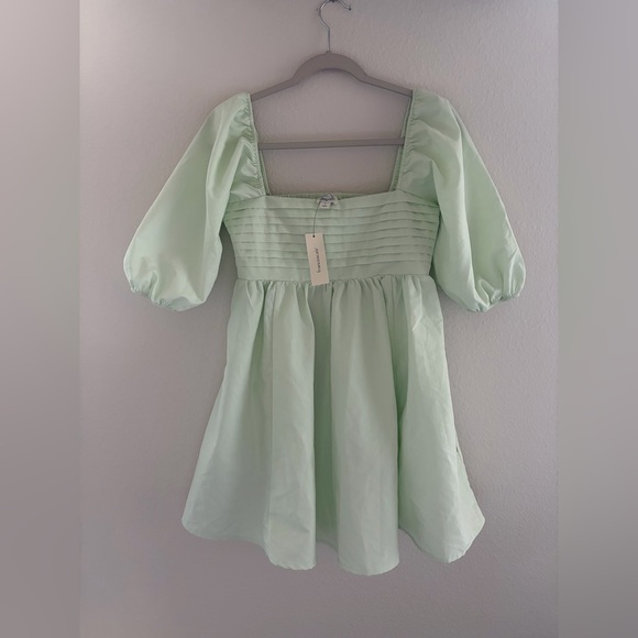 Francesca's Collections Dresses & Skirts - Francesca’s Blue Rain Mint Green Puff Sleeve Babydoll Dress NWT